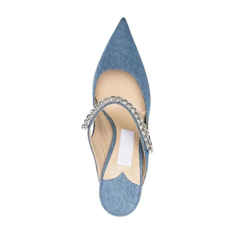 Pointed High Heels Summer New Baotou Rhinestone Slippers for Women