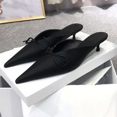 2023 New Pointed Half Pack Slippers Women's Bow Short Heel Cat and Muller Half Slippers