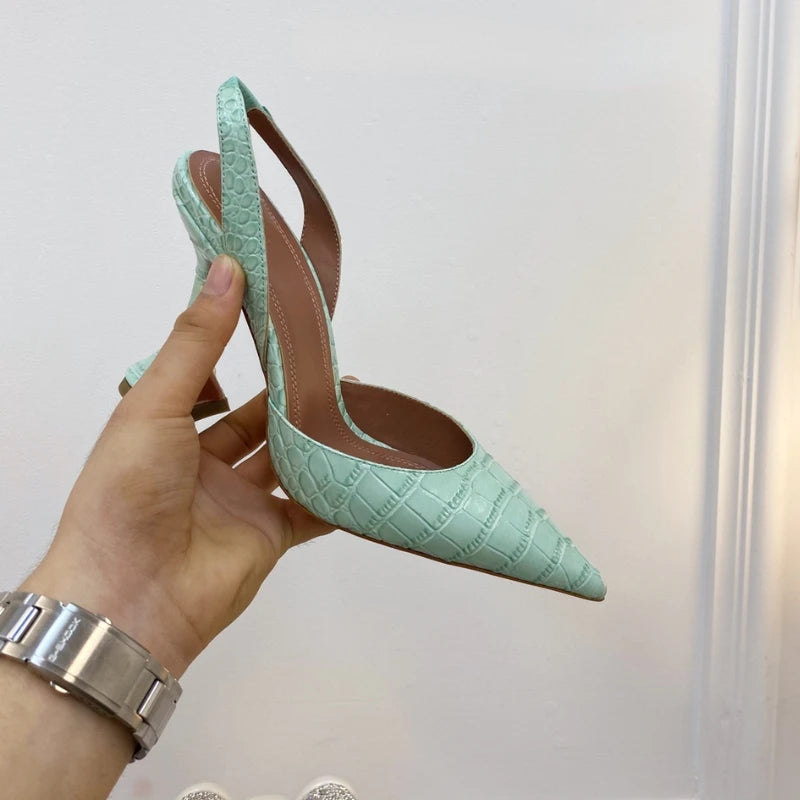 2024 Fashion Wineglass with Crocodile Leather Pointed High Heel Shallow Mouth European Beauty Sandals